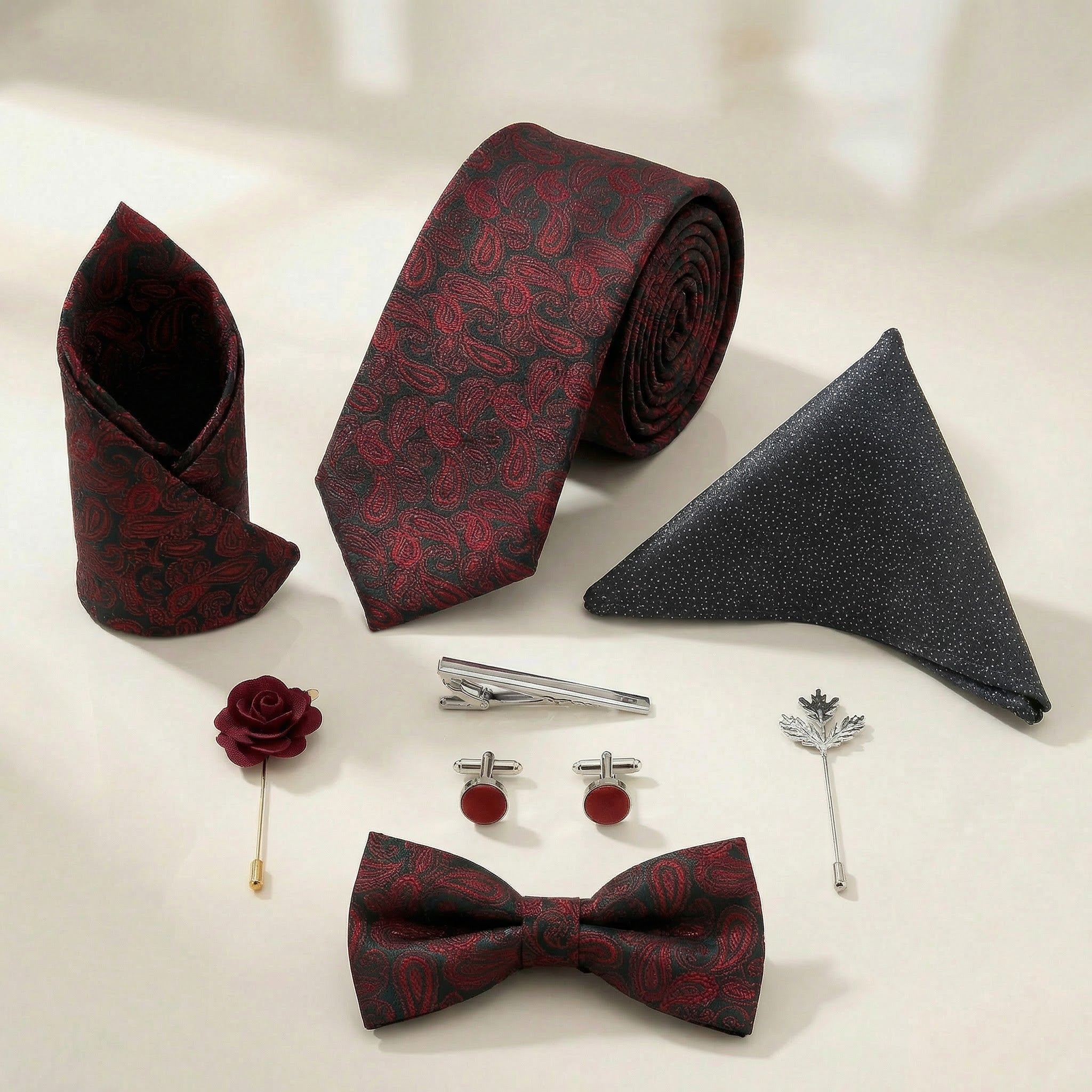 Black & Burgundy Paisley Bow Tie Set with Pocket Square, Cufflinks, Tie Bar, and Lapel Pins for Formal Occasions