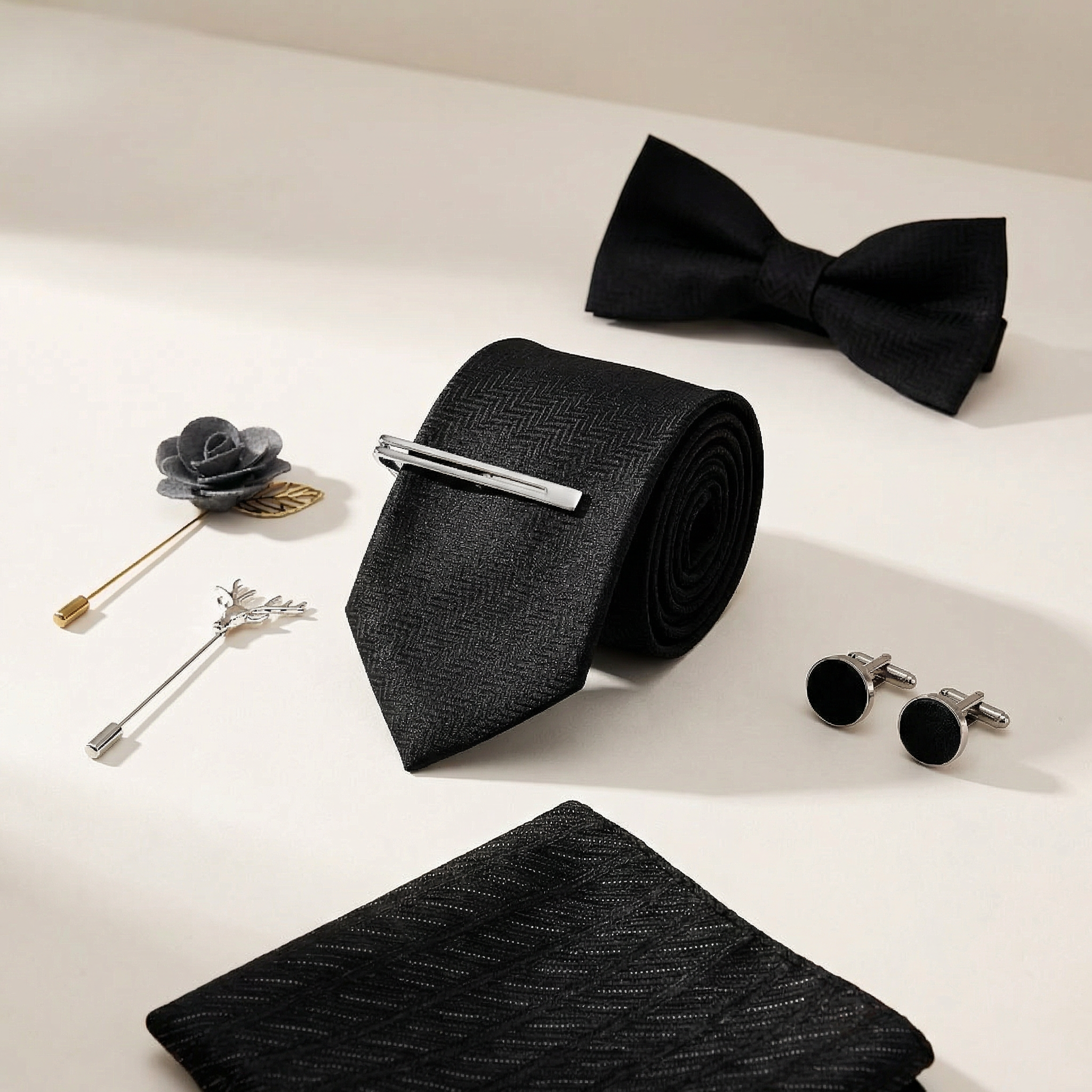 Classic Navy Paisley Bow Tie Set with Pocket Square, Cufflinks, Tie Bar, and Lapel Pins for Formal Occasions